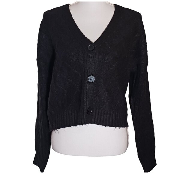 NEW No‎ Comment Black V-Neck Cable Knit 3 Button Cardigan Sweater Size  L - Picture 1 of 9
